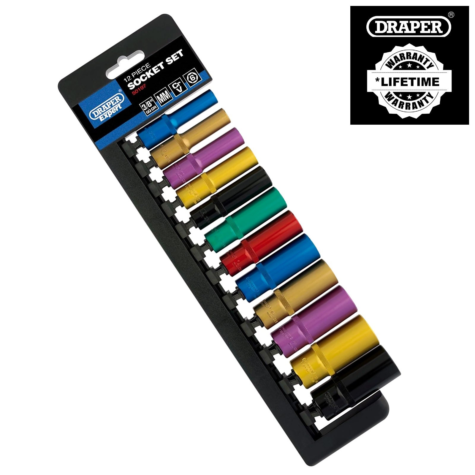 Draper 50197 3/8" Dr Deep Socket Set | 12pc Metric Colour Coded Chrome Vanadium Steel