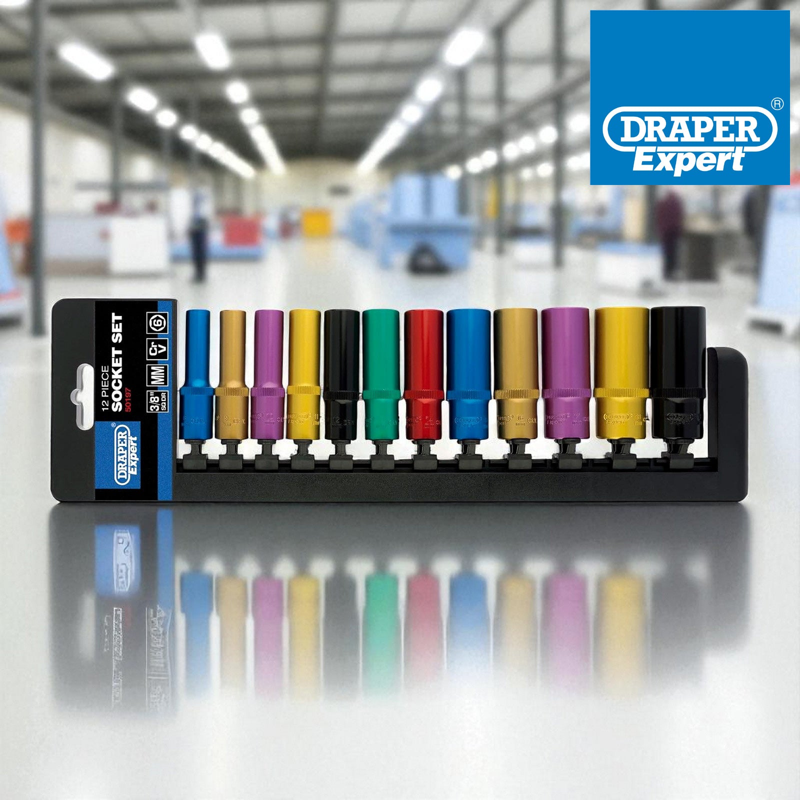 Draper 50197 3/8" Dr Deep Socket Set | 12pc Metric Colour Coded Chrome Vanadium Steel