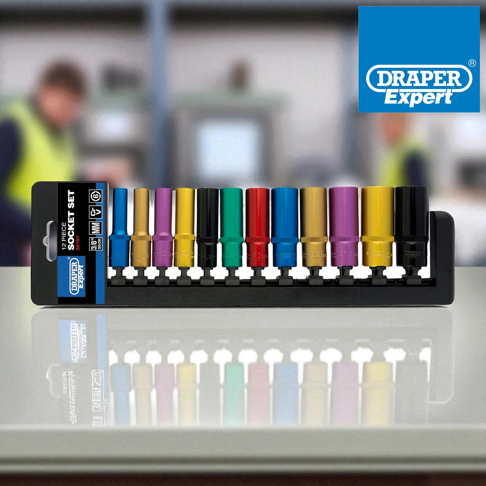 Draper 50197 3/8" Dr Deep Socket Set | 12pc Metric Colour Coded Chrome Vanadium Steel