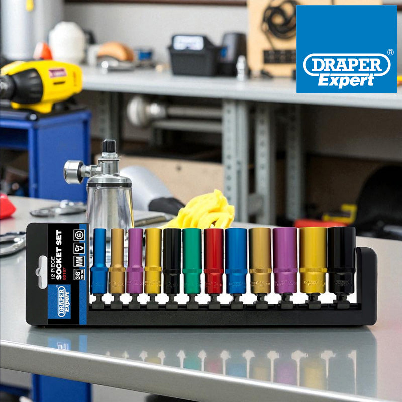 Draper 50197 3/8" Dr Deep Socket Set | 12pc Metric Colour Coded Chrome Vanadium Steel