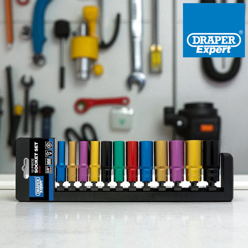 Draper 50197 3/8" Dr Deep Socket Set | 12pc Metric Colour Coded Chrome Vanadium Steel