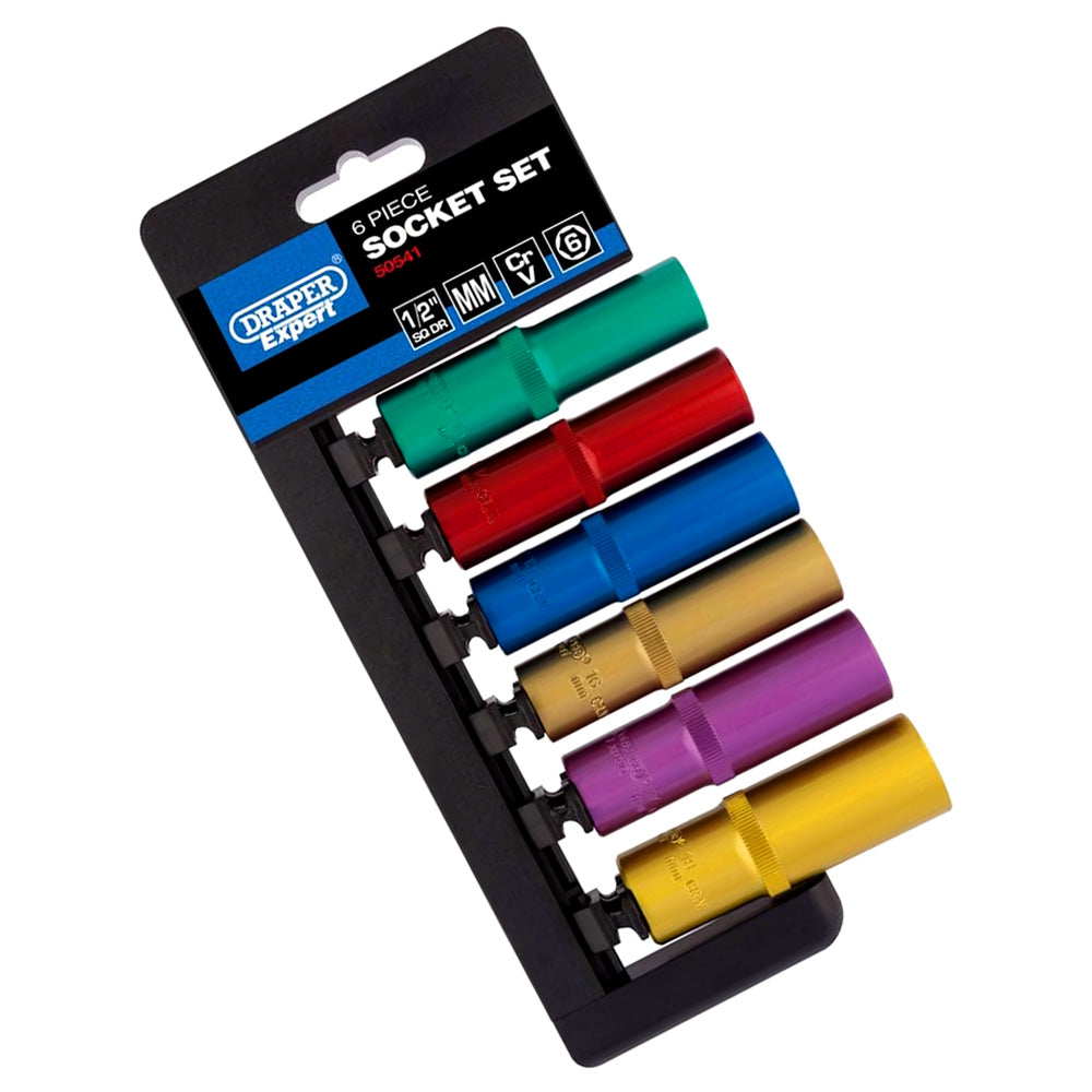 Draper 6pc 1/2" Dr Metric Deep Socket Set | Colour Coded Chrome Vanadium Sockets with Storage Rail