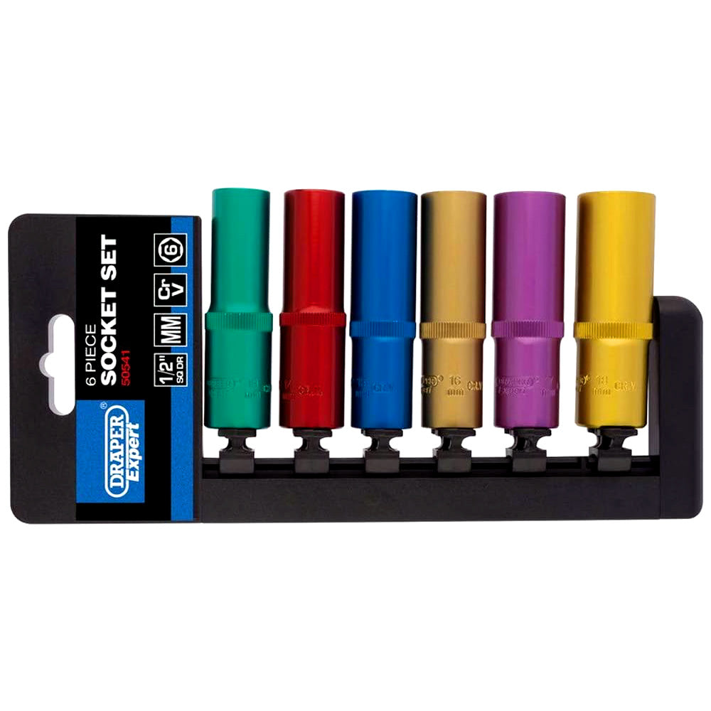 Draper 6pc 1/2" Dr Metric Deep Socket Set | Colour Coded Chrome Vanadium Sockets with Storage Rail