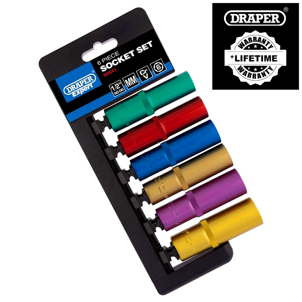 Draper 6pc 1/2" Dr Metric Deep Socket Set | Colour Coded Chrome Vanadium Sockets with Storage Rail