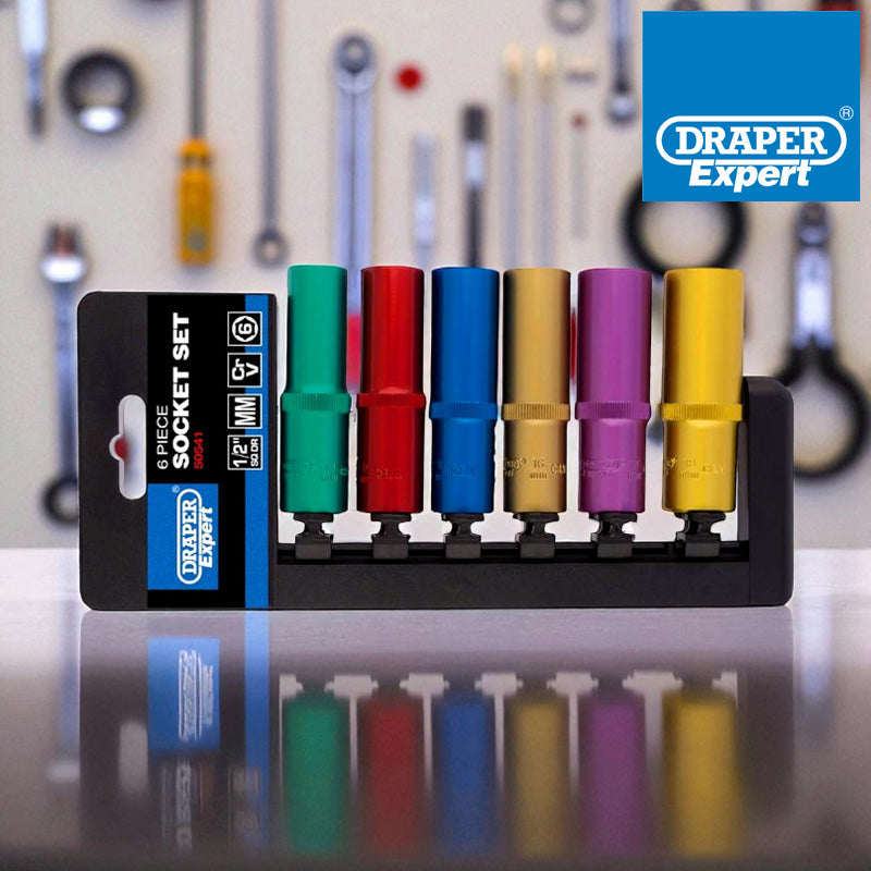 Draper 6pc 1/2" Dr Metric Deep Socket Set | Colour Coded Chrome Vanadium Sockets with Storage Rail