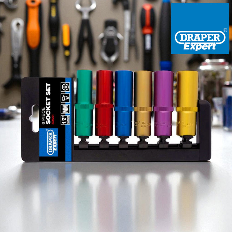 Draper 6pc 1/2" Dr Metric Deep Socket Set | Colour Coded Chrome Vanadium Sockets with Storage Rail