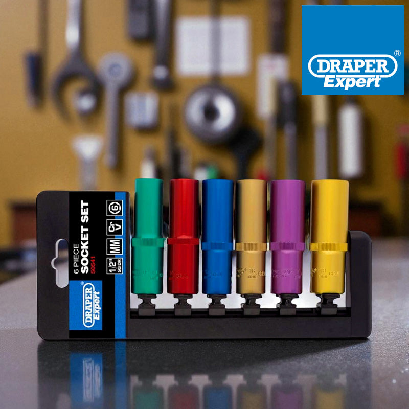 Draper 6pc 1/2" Dr Metric Deep Socket Set | Colour Coded Chrome Vanadium Sockets with Storage Rail