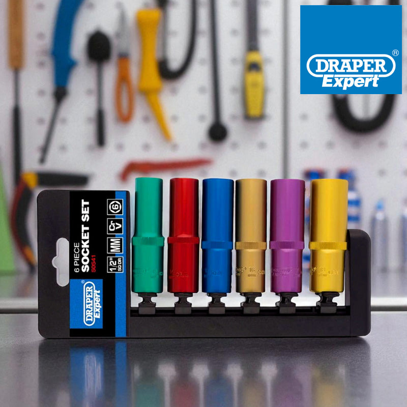 Draper 6pc 1/2" Dr Metric Deep Socket Set | Colour Coded Chrome Vanadium Sockets with Storage Rail