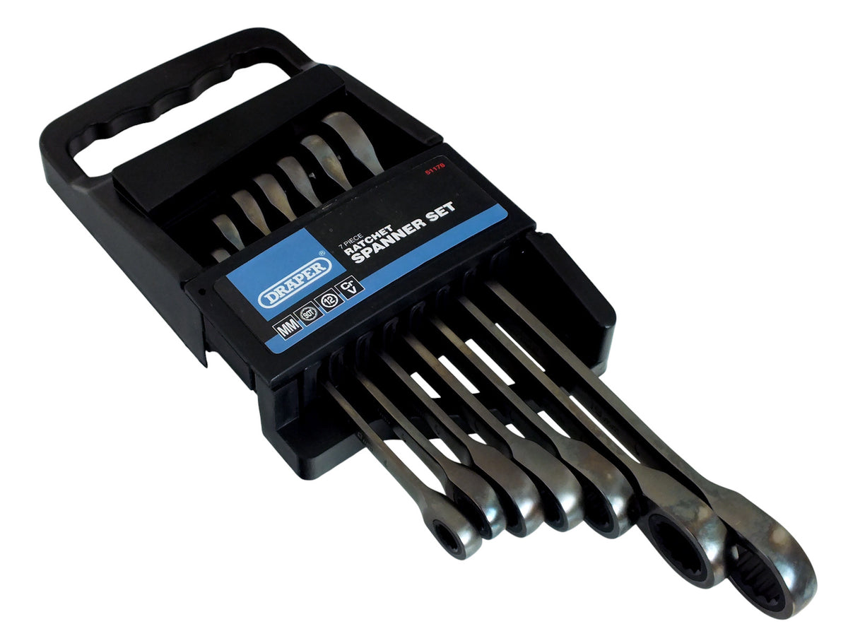 Draper 51178 Black 7pc Hi-Torq Metric Ratcheting Combination Spanner Set