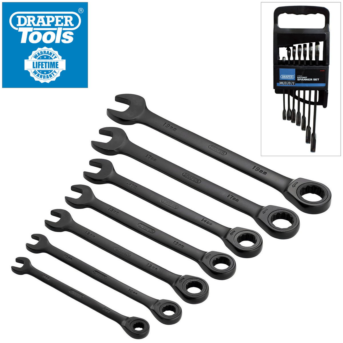 Draper 51178 Black 7pc Hi-Torq Metric Ratcheting Combination Spanner Set