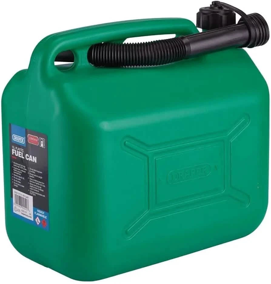 Draper 10L Plastic Petrol Can | Jerry Fuel Diesel Can | 10000cc Water Container | 20mm Flexible Spout Diameter | 290mm Spout Length | 09055, Green