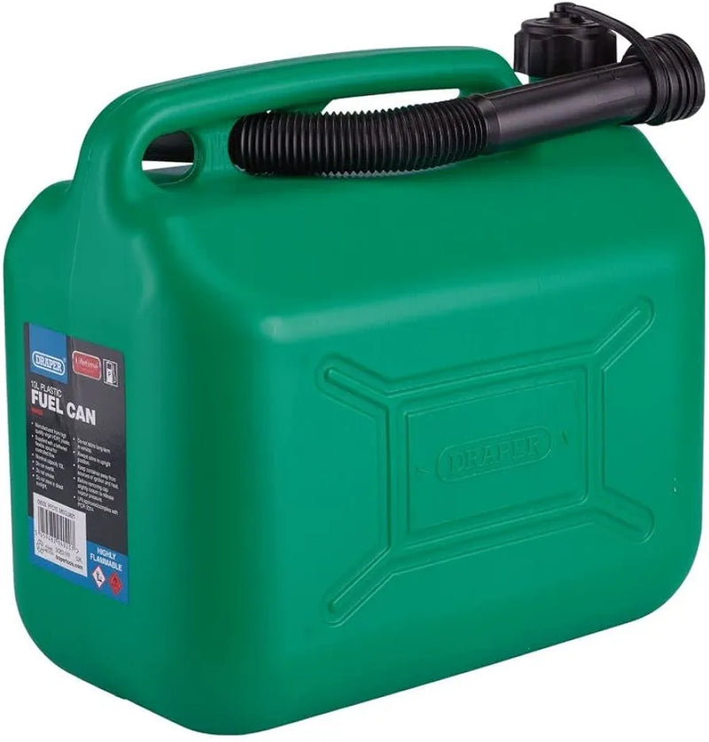Draper 10L Plastic Petrol Can | Jerry Fuel Diesel Can | 10000cc Water Container | 20mm Flexible Spout Diameter | 290mm Spout Length | 09055, Green