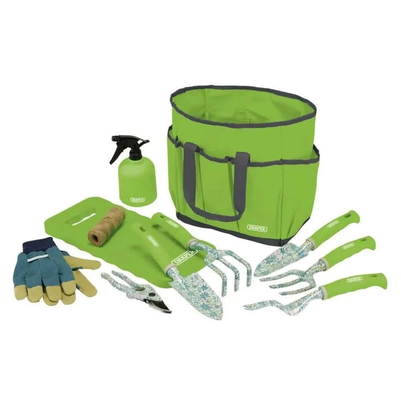 Draper 08999 Garden Tool Set with Floral Pattern , Heavy Duty Aluminium Garden Tools, Bag and Gloves