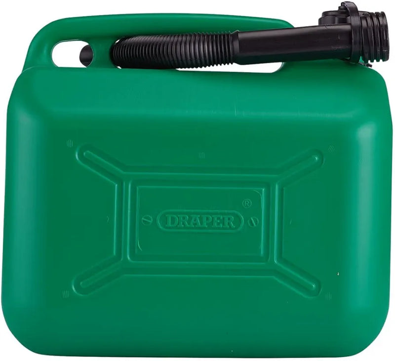 Draper 10L Plastic Petrol Can | Jerry Fuel Diesel Can | 10000cc Water Container | 20mm Flexible Spout Diameter | 290mm Spout Length | 09055, Green
