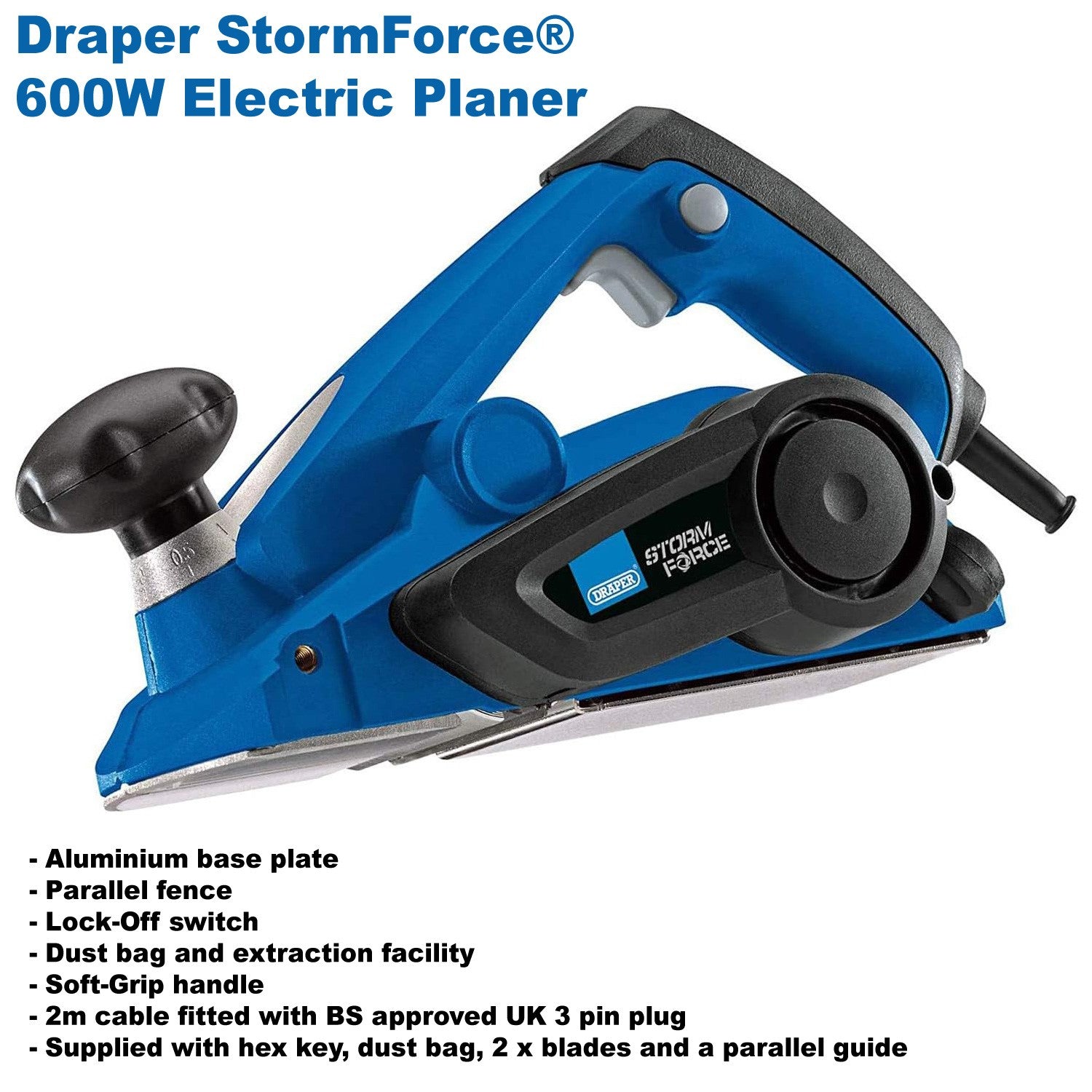 Draper 57559 600W Electric 82mm Planer with Dust Extraction and Bag