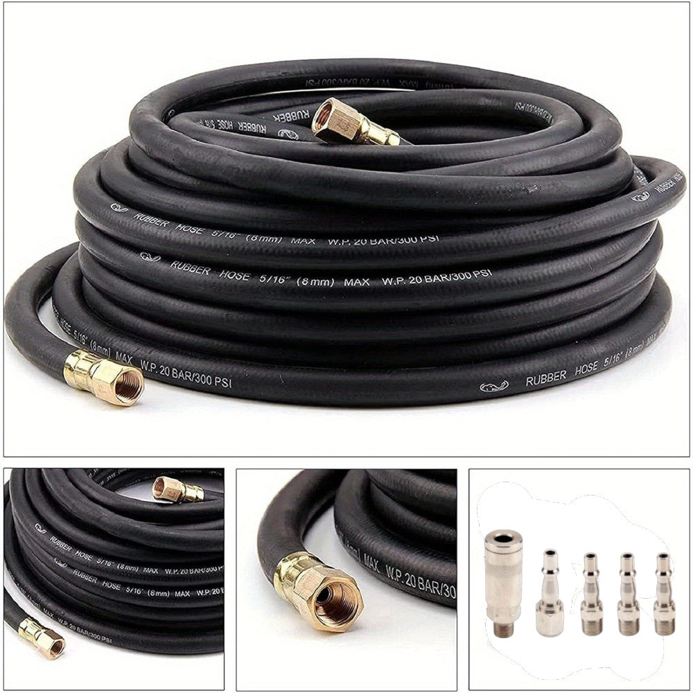 Air Compressor Hose 15m Air Line Rubber Hose Kit with 5 Quick Release Fittings 1/4"