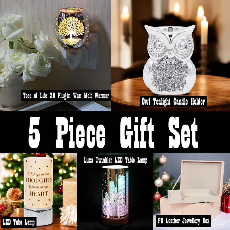 5pc Gift Set Pink PU Leather Jewellery Box LED Lamps Wax Warmer Tealight Holder