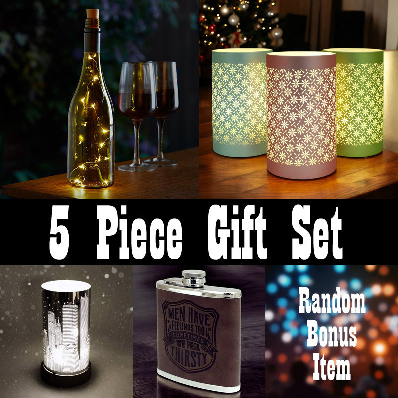 5pc Gift Set | LED Bottle Light, Frosty City Lamp including Mystery Bonus Item