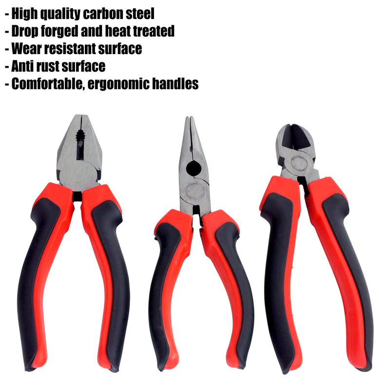 Voche 8" Pliers 3pc Set 200mm Heavy Duty Combination Long Nose & Side Cutting