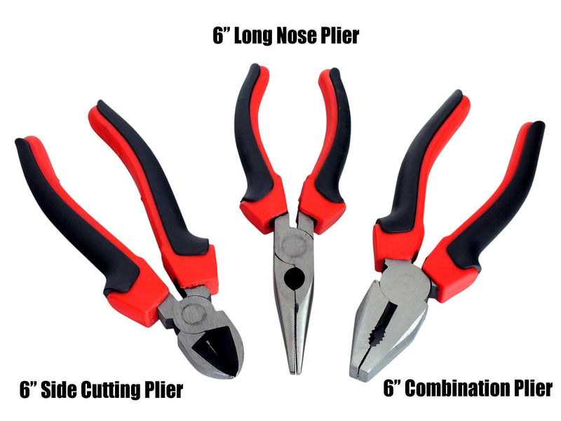 Voche 6" Pliers 3pc Set 150mm Heavy Duty Combination Long Nose & Side Cutting