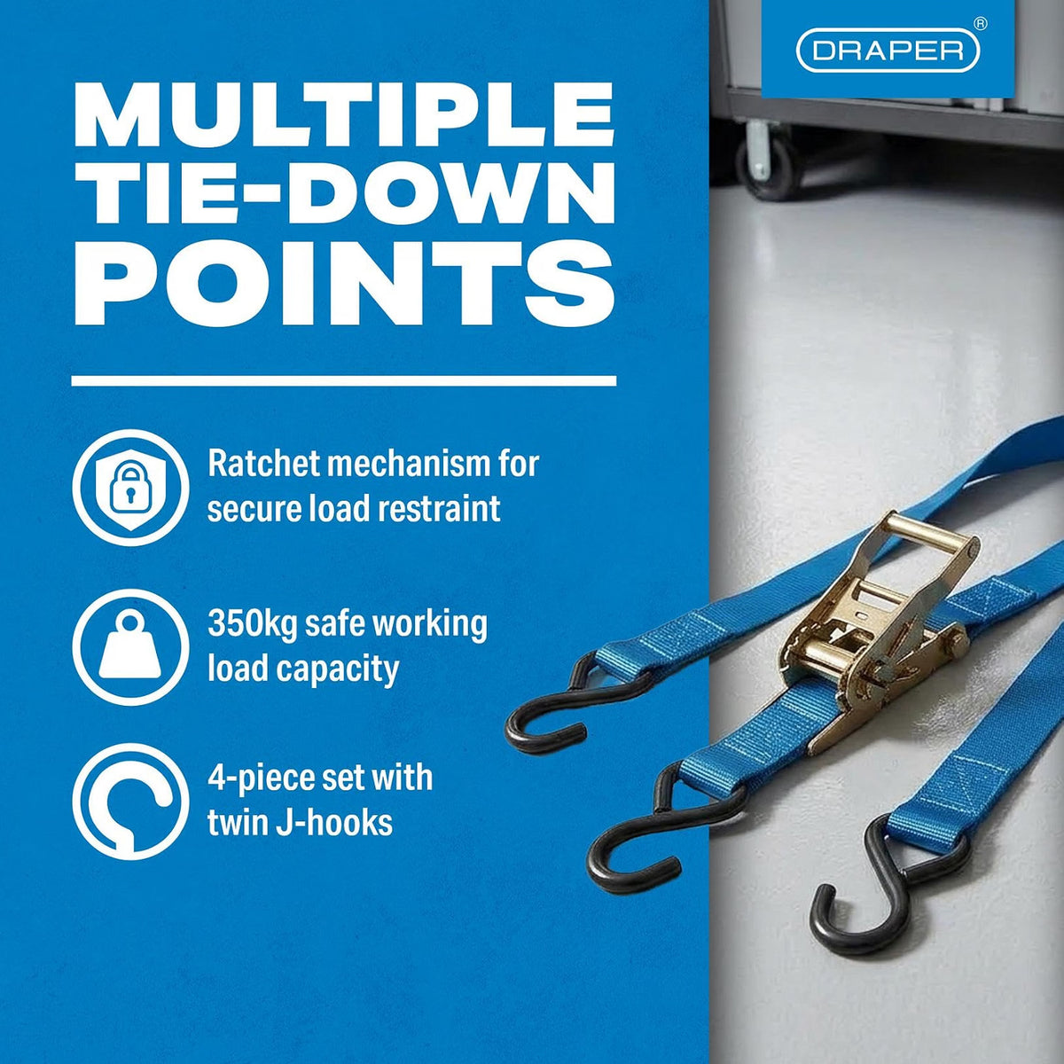 Draper Ratcheting Tie Down Straps, 350Kg (4 Piece) 60960