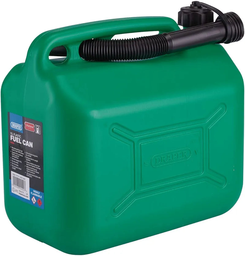 Draper 10L Plastic Petrol Can | Jerry Fuel Diesel Can | 10000cc Water Container | 20mm Flexible Spout Diameter | 290mm Spout Length | 09055, Green