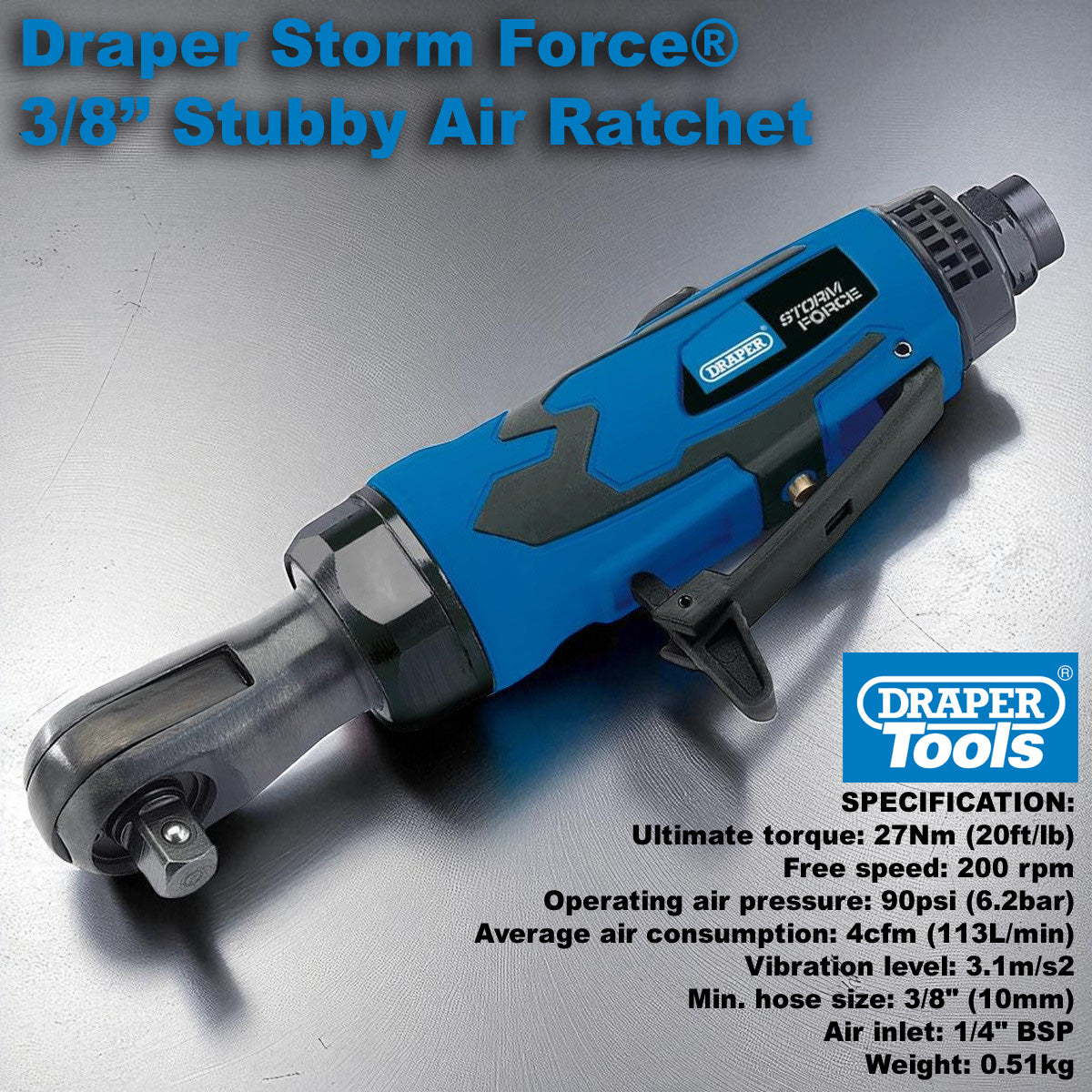 Draper 65019 Storm Force Stubby Air Ratchet, 3/8" Sq. Dr.