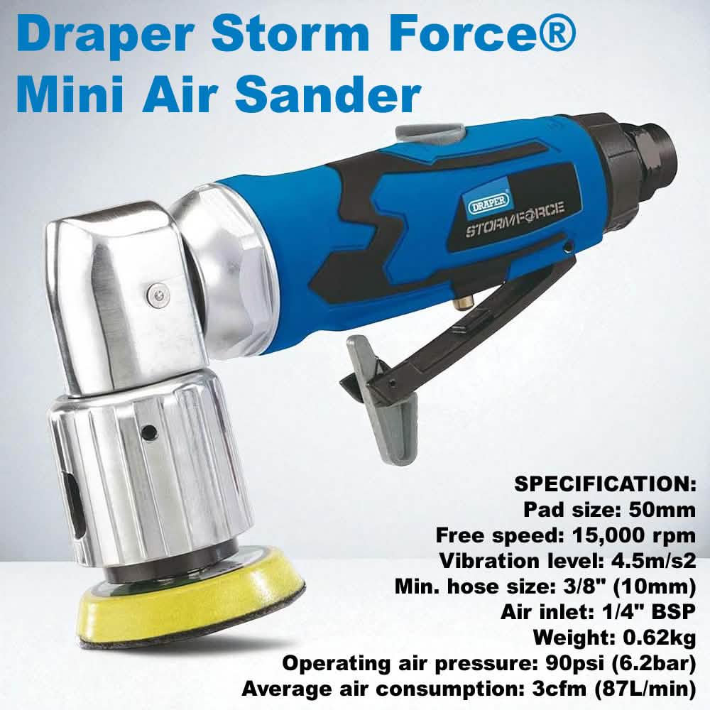 Draper 65059 Storm Force 50mm Mini Air Sander plus 10pc Sanding DIscs