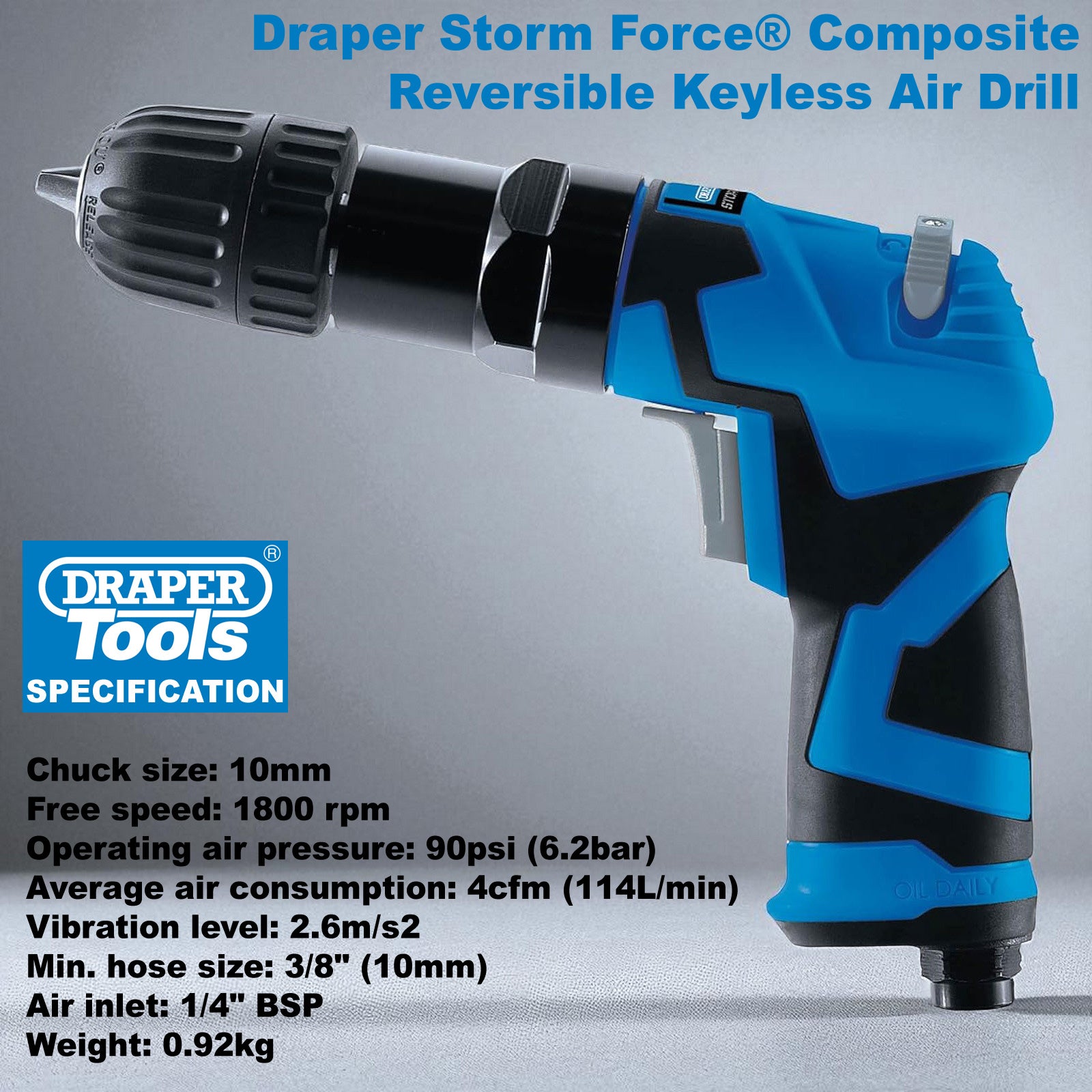 Draper 65138 Storm Force Composite Reversible Air Drill | 3/8" Keyless Chuck
