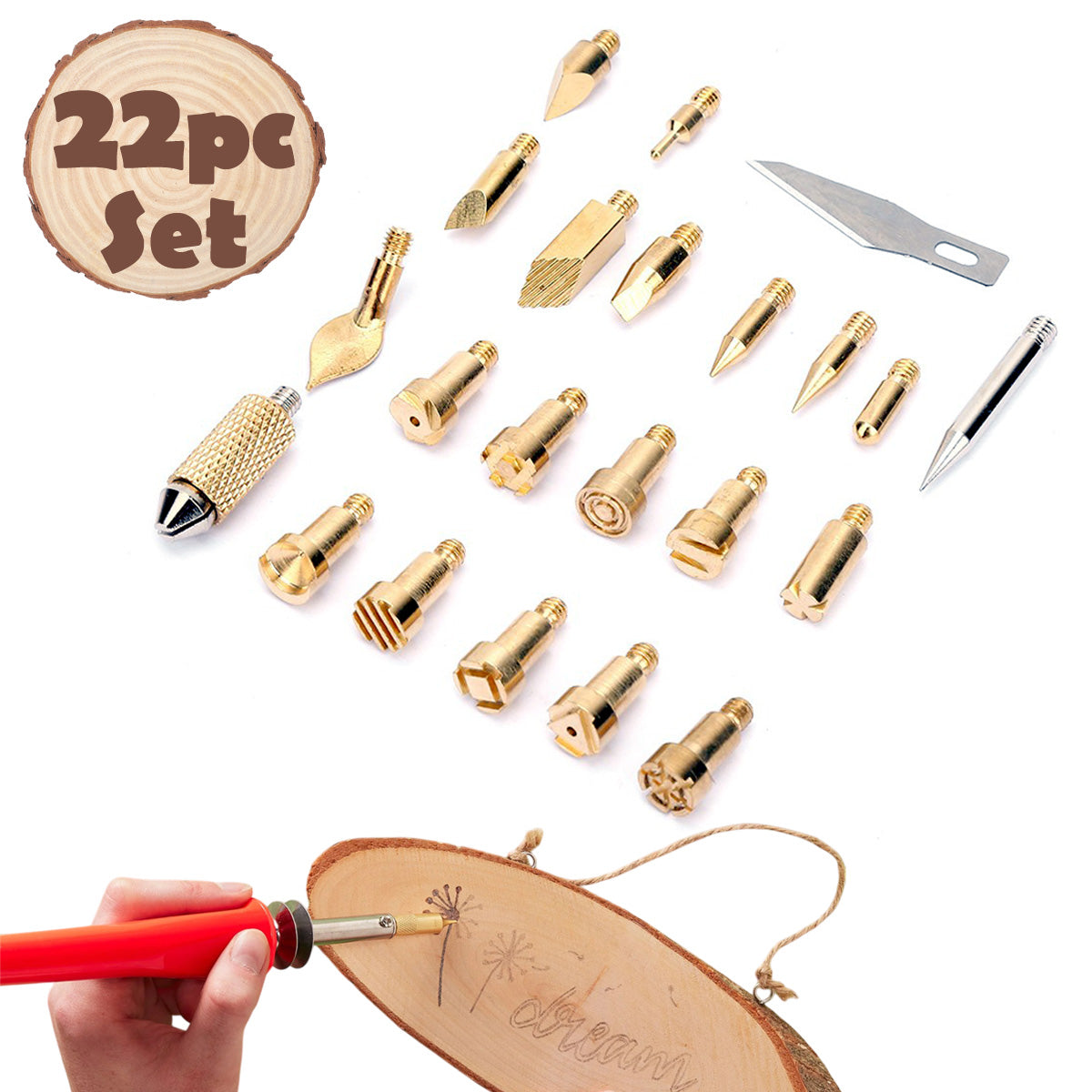 22pc Brass Pyrography Tips Set Wood Burning Pen Soldering Iron Accessories