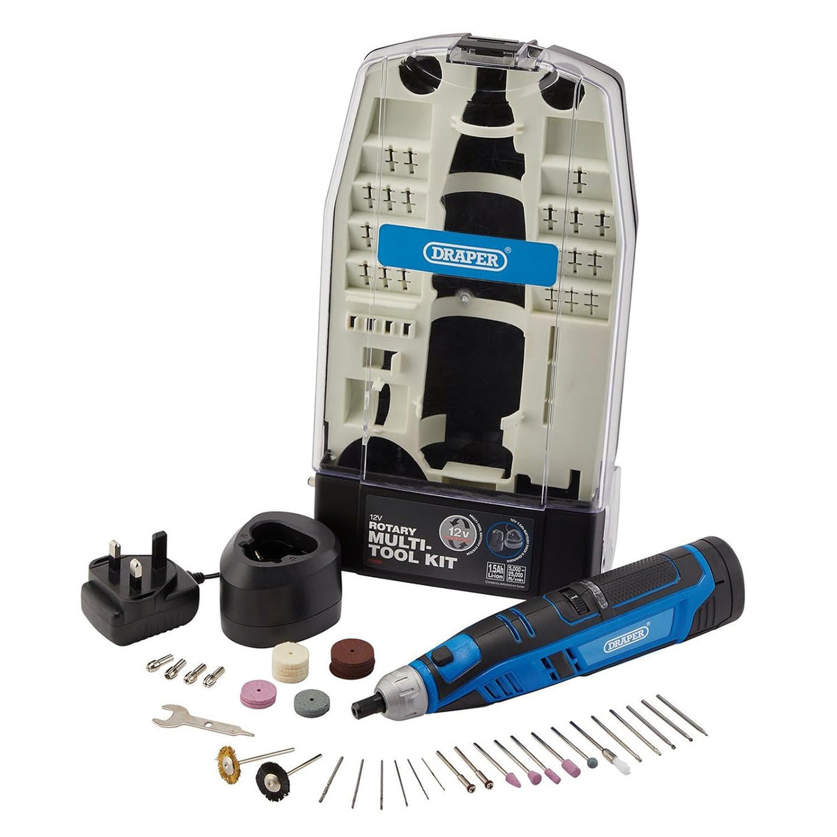 Draper 12V Cordless Rotary Multi Tool with Lithium-Ion Battery, Fast Charger, 50pc Accessories and Case
