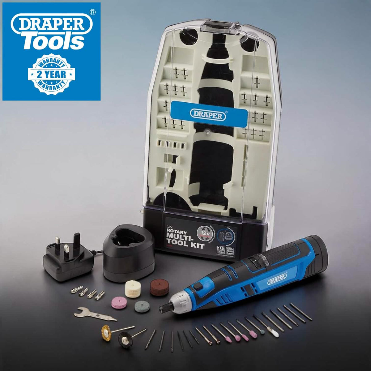 Draper 12V Cordless Rotary Multi Tool with 266pc Accessories | Includes Lithium-Ion Battery, Fast Charger and Case