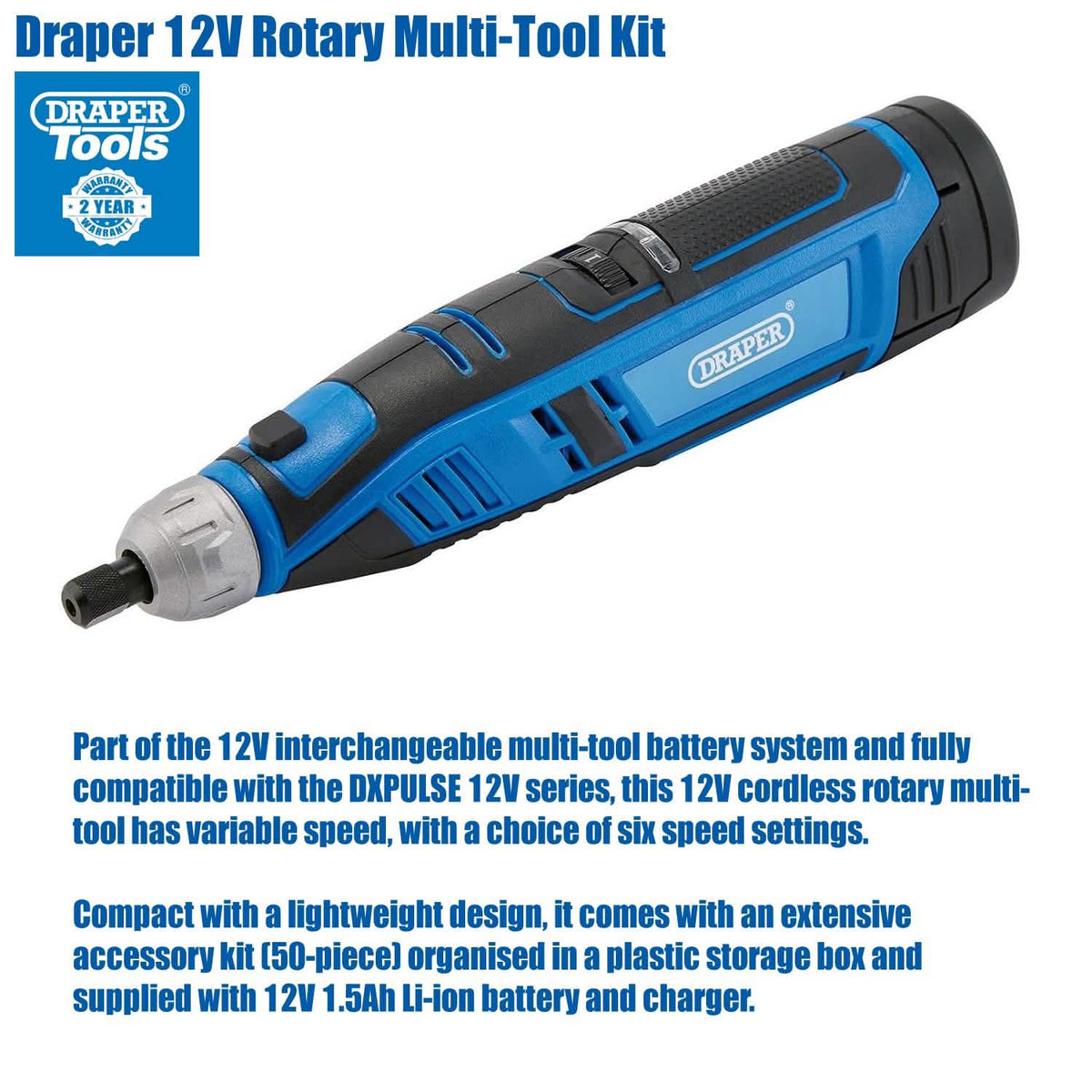 Draper 12V Cordless Rotary Multi Tool with 266pc Accessories | Includes Lithium-Ion Battery, Fast Charger and Case
