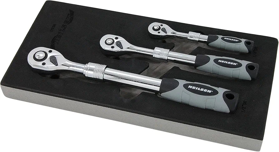 Neilsen CT5796-3pc Extending Ratchet Set with 1/4in, 3/8in & 1/2in Drive | 72 Tooth Quick Release | Ideal for Automotive & Workshop Use