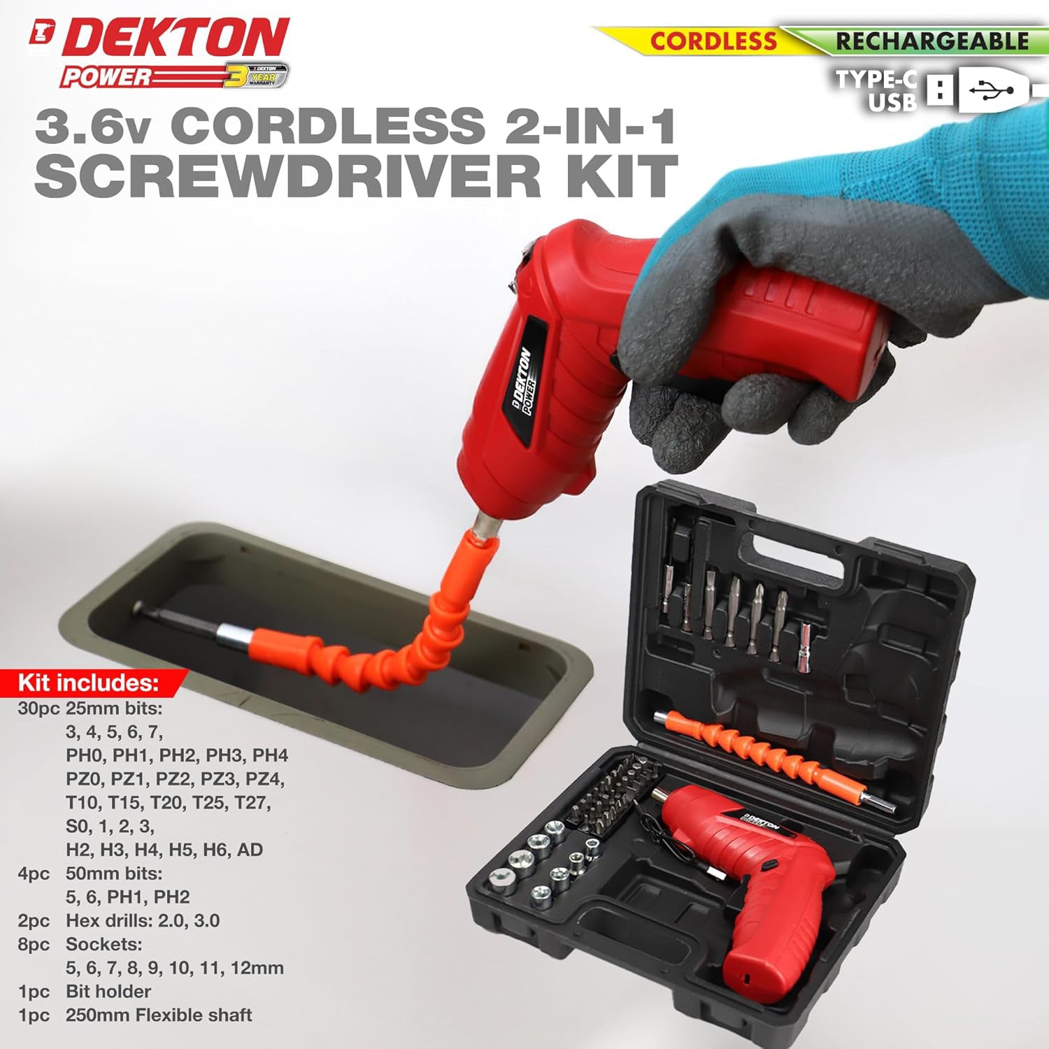 3.6V Cordless Rechargeable Electric Screwdriver & 46pc Bits Set  plus 12pc Mechanics Screwdriver Set
