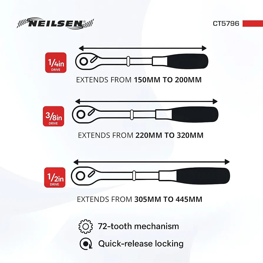 Neilsen CT5796-3pc Extending Ratchet Set with 1/4in, 3/8in & 1/2in Drive | 72 Tooth Quick Release | Ideal for Automotive & Workshop Use