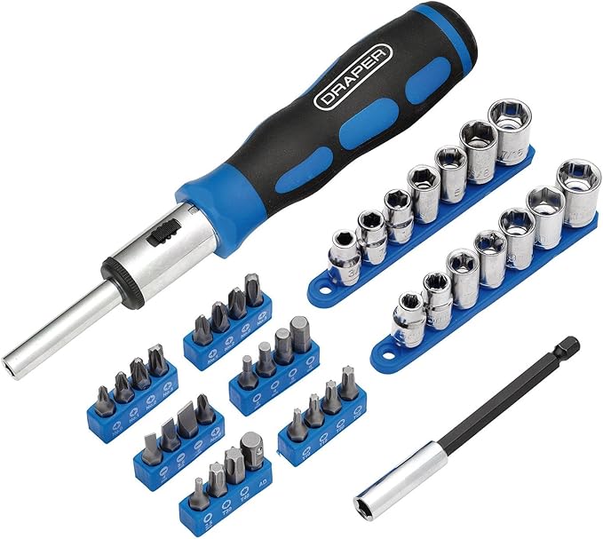 Draper 21010 Ratchet Screwdriver Socket and Bit Set, 1/4" Sq. Dr. (40 Piece)