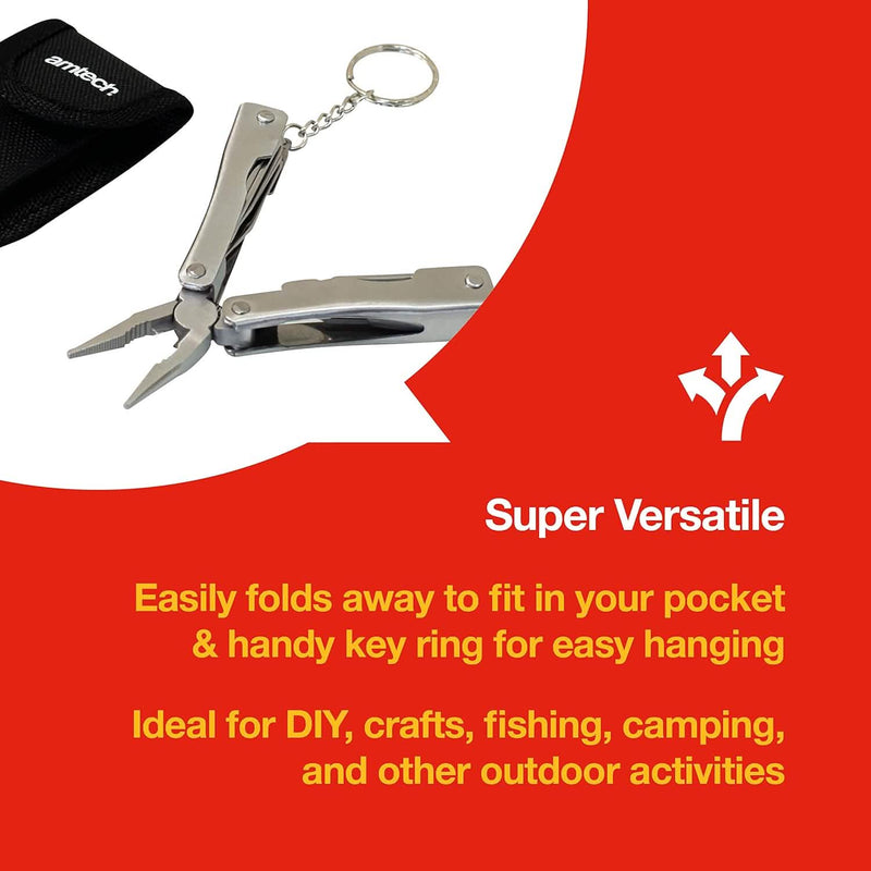 Amtech 8-in-1 Pocket Multitool | Micro Pliers Screwdrivers Bottle Opener Saw | Includes Storage Pouch