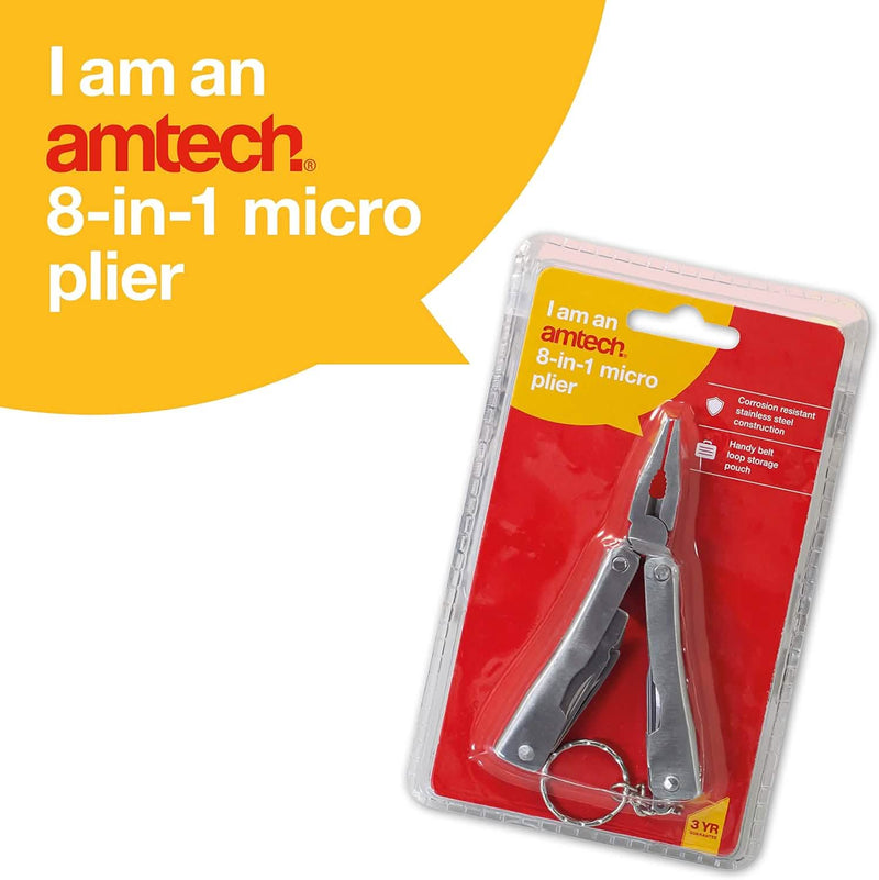 Amtech 8-in-1 Pocket Multitool | Micro Pliers Screwdrivers Bottle Opener Saw | Includes Storage Pouch