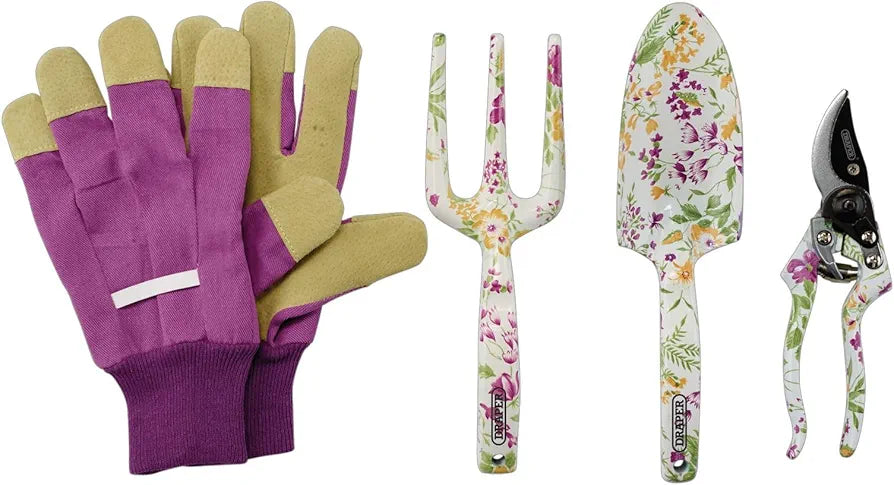 Draper Garden Tools Set-4Piece | Hand Trowel, Fork, 8" Bypass Secateurs Pruner & Garden Gloves | Floral Pattern Gardening Hand Tools | Heavy Duty Garden Acessories | Carbon Steel Blades | 08993