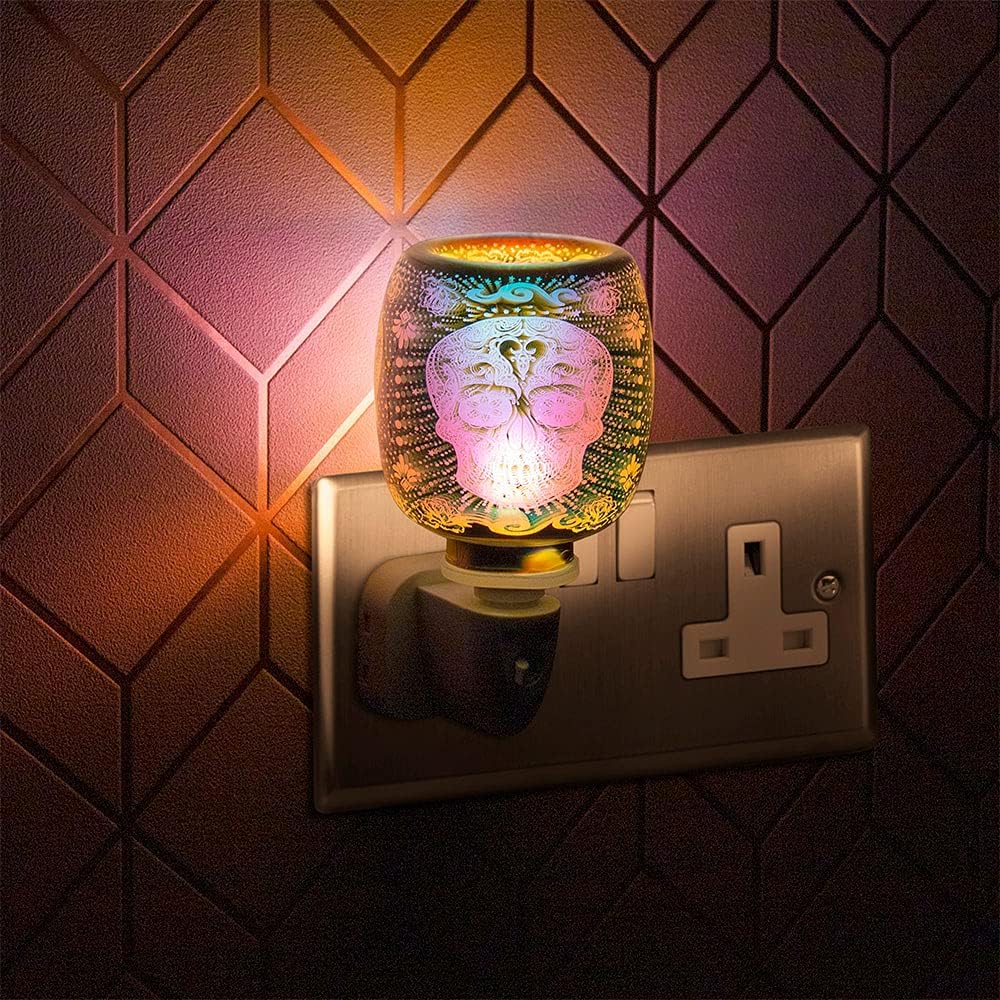 Electric 3D Skull Oil Burner and Scented Wax Warmer plus Pack of 6 Essential Oils | Plug-in Aroma Fragrance Diffuser