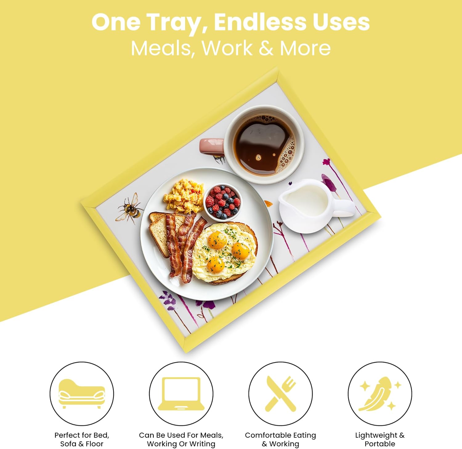 Busy Bees Yellow Lap Tray Cushioned Laptop Tray with Padded Bean Bag Base