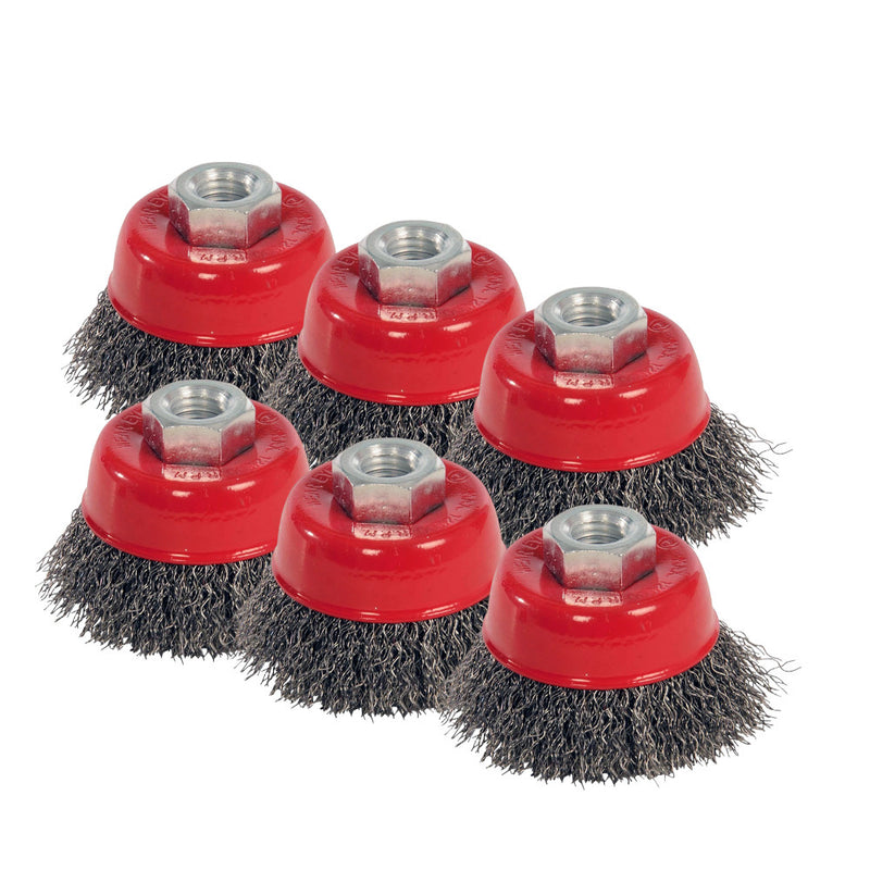 Pack of 6 Silverline 721676 65mm Steel Wire Brush Crimp Cup Heads | M14 Thread For Angle Grinders