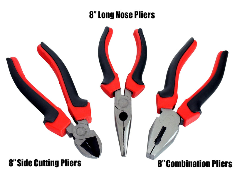 Voche 8" Pliers 3pc Set 200mm Heavy Duty Combination Long Nose & Side Cutting