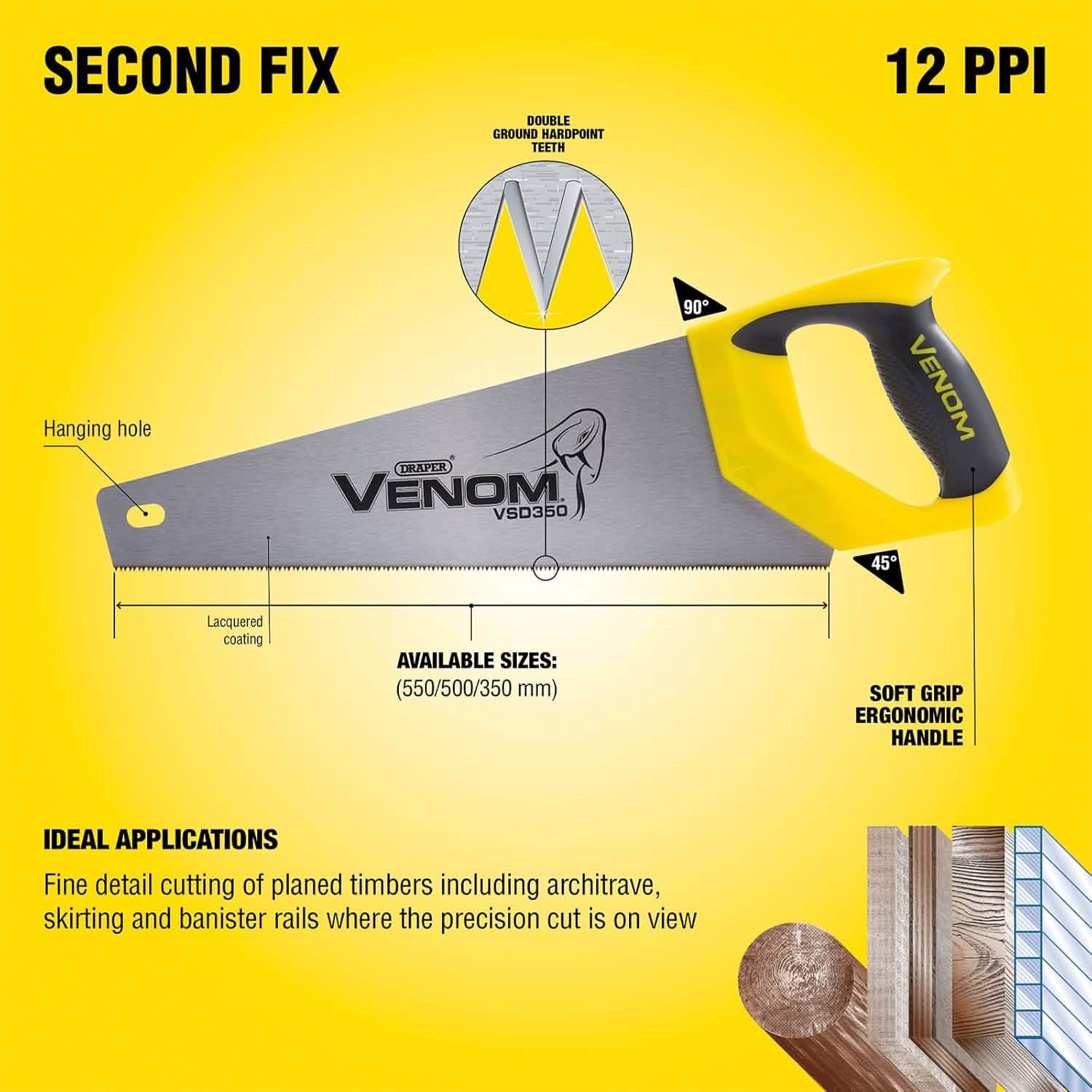 Draper Venom Second Fix Double Ground Tool Box Saw, 350Mm, 11Tpi/12Ppi 80874