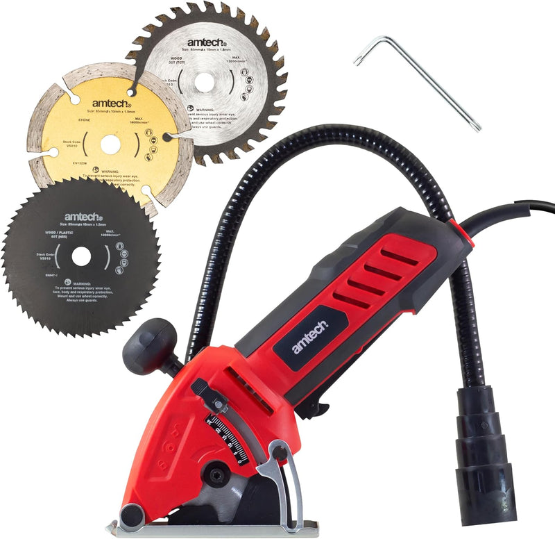 Amtech 600W Electric Handheld Mini Circular Saw | Includes 3 x 85mm Wood, Metal and Masonry Tile Cutting Blades