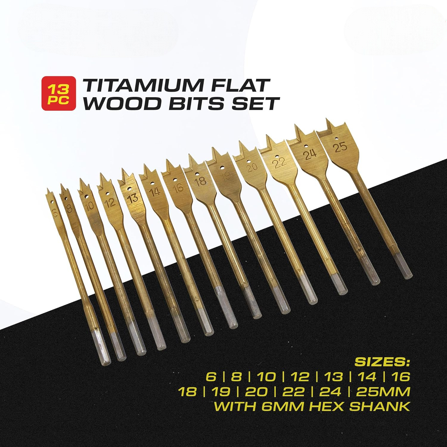 13pc Flat Wood Drill Bit Set 1/4" Hex Shanks 6-25mm Titanium Coated Spade Bits