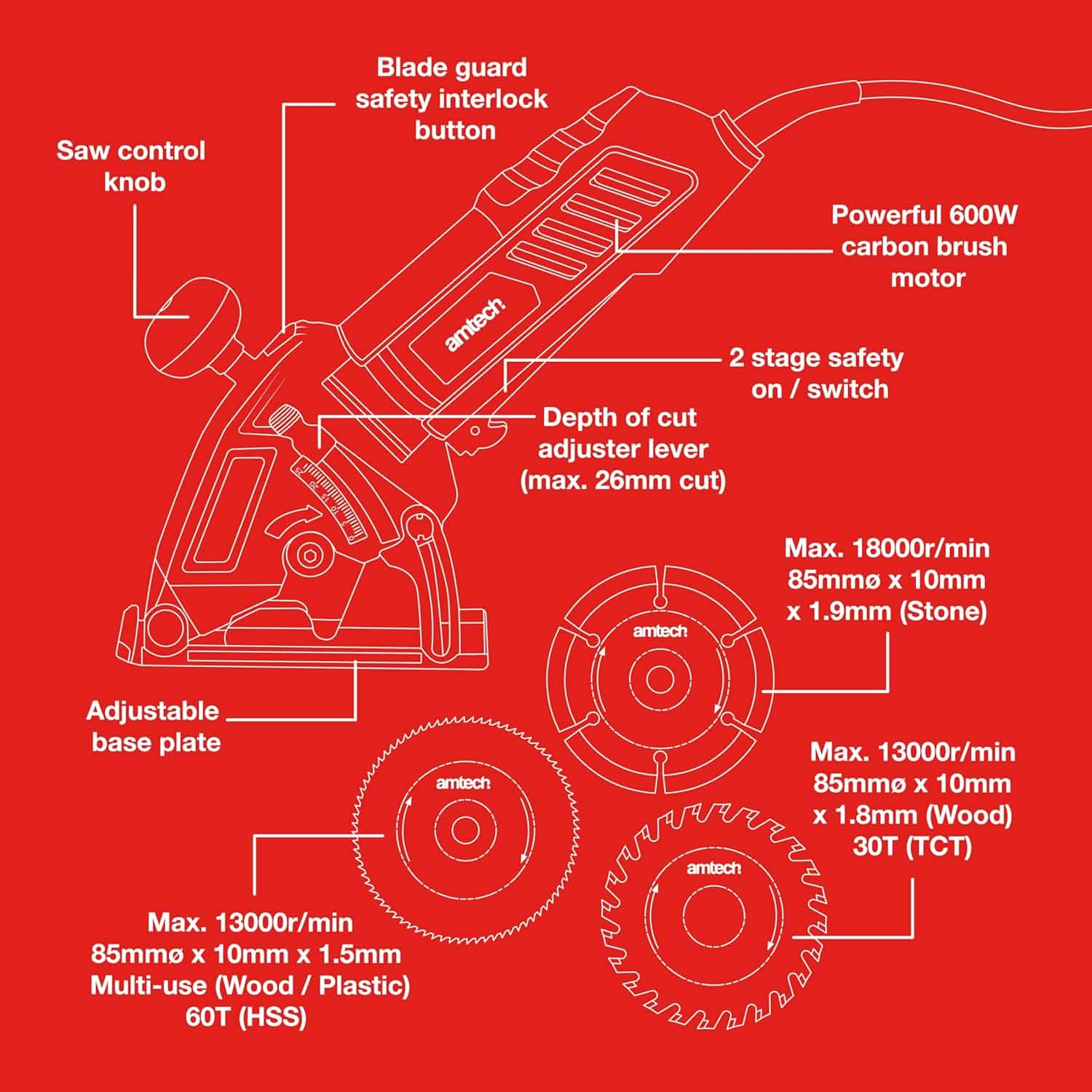 Amtech 600W Electric Handheld Mini Circular Saw | Includes 3 x 85mm Wood, Metal and Masonry Tile Cutting Blades