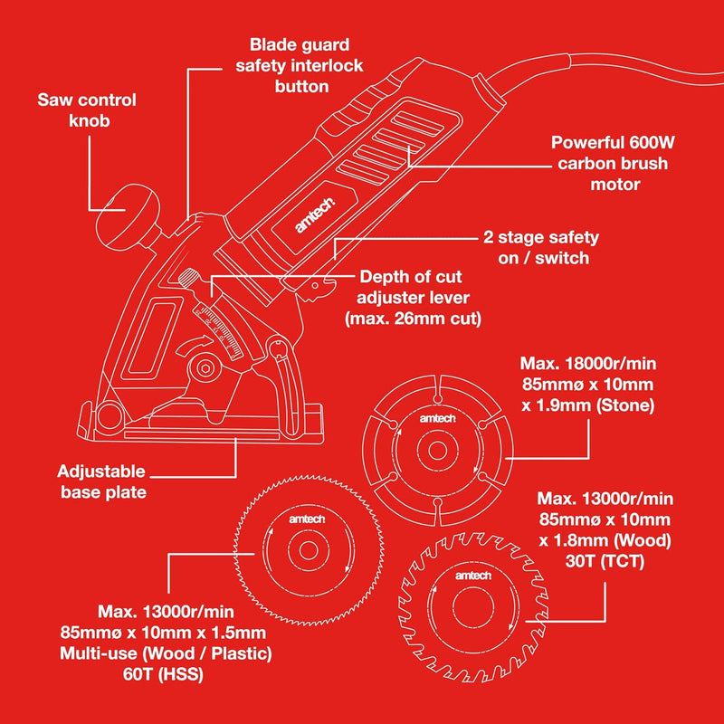 Amtech 600W Electric Handheld Mini Circular Saw | Includes 3 x 85mm Wood, Metal and Masonry Tile Cutting Blades