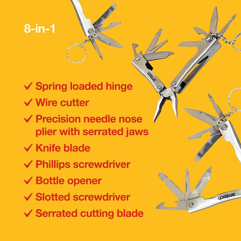 Amtech 8-in-1 Pocket Multitool | Micro Pliers Screwdrivers Bottle Opener Saw | Includes Storage Pouch